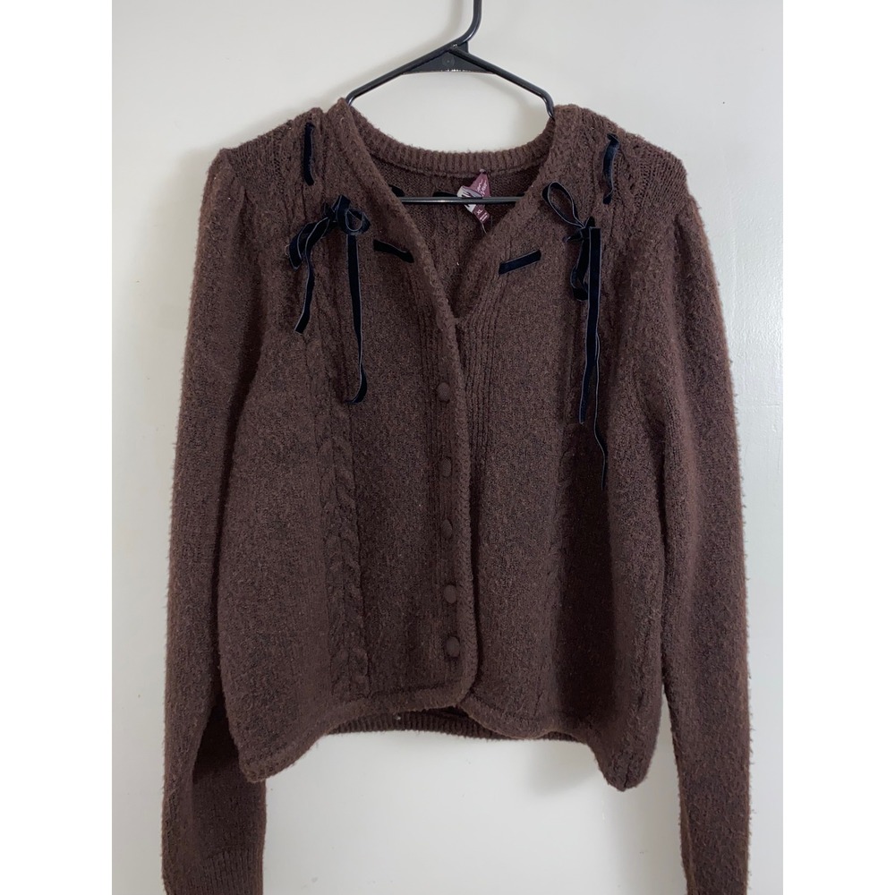 WAYF x Sara Walker Cardigan Women XL Brown Velvet Bow Cable Knit Sweater Cottage
